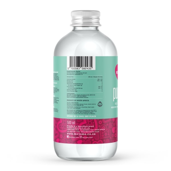 The back label of a MojoMe pure MCT Oil bottle shows detailed nutritional information and a barcode. The label provides a clear breakdown of serving size and calories, emphasising that the product contains 100% medium-chain triglycerides with 14 grams of fats, including caprylic and capric acids. The background is turquoise with pink accents, featuring playful heart designs
