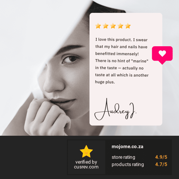 A close-up of a serene woman's face, overlaid with a customer testimonial praising the benefits of marine collagen powder for hair and nails, noting its tasteless quality. The image includes a rating of 4.7/5, underscoring customer satisfaction with the product